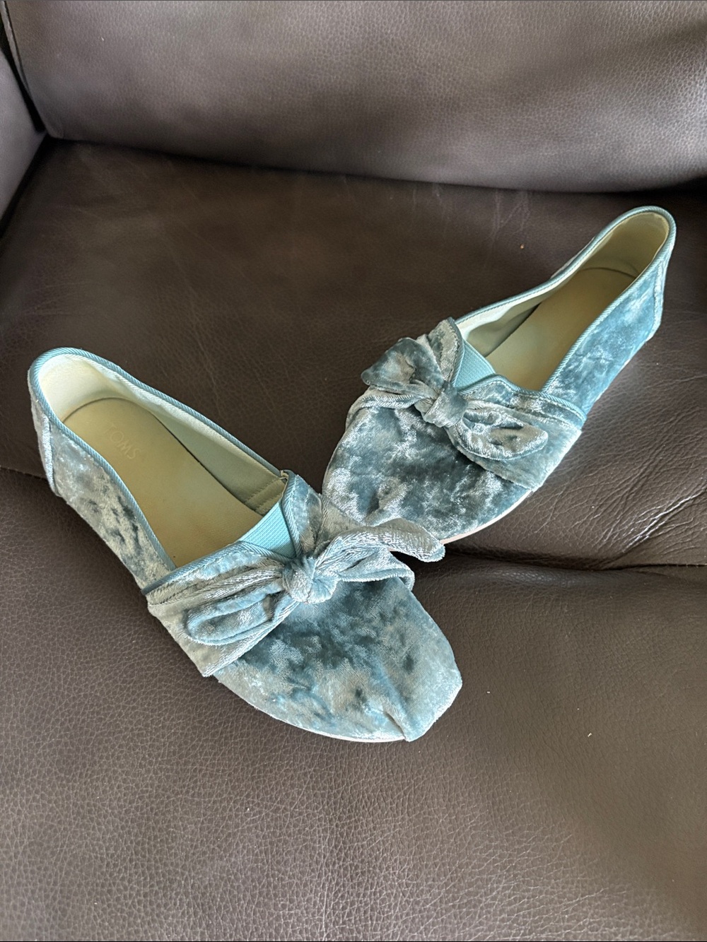 Toms Velvet Bow Slip-On Flats in Teal Blue